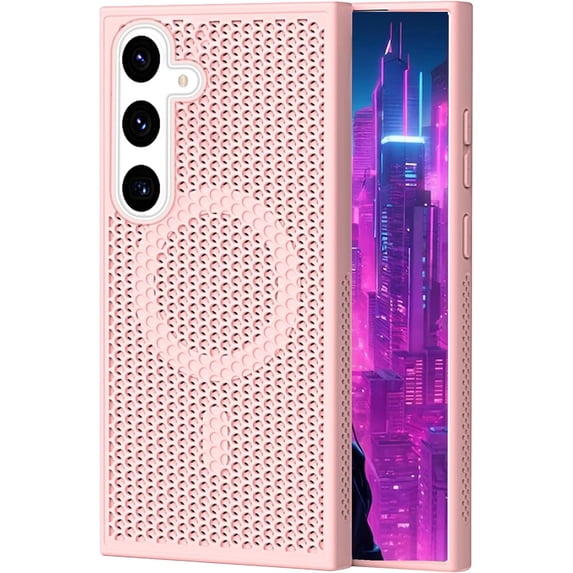 for Samsung Galaxy S25 Cooling Case with Magnetic Ring, Hard PC Slim Cellular Hole Heat Dissipation Mesh Breathable Hollow Honeycomb Case for Samsung Galaxy S25 SR-Pink