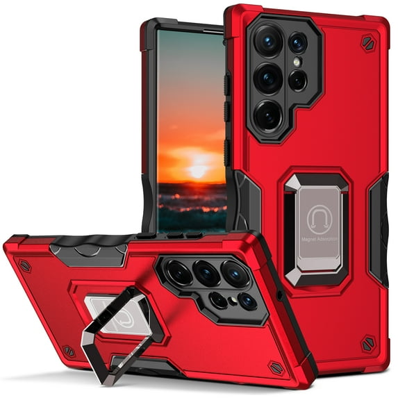 For Samsung Galaxy S25+ Cover with Ring Kickstand, Impact-Resistant, Shockproof, Protective Bumper Magnetic with Car Mount Durable Hybrid Rugged Phone Case For Samsung Galaxy S25+, Red