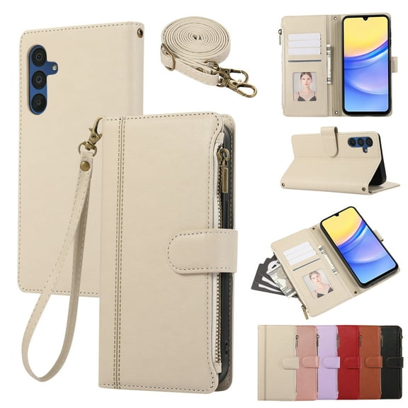 for Samsung Galaxy S25 Crossbody Wallet Case with Card Holder, Zipper Pouch PU Leather Long Shoulder & Lanyard Strap Magnetic Closure Flip Kickstand Cover for Samsung Galaxy S25,Beige