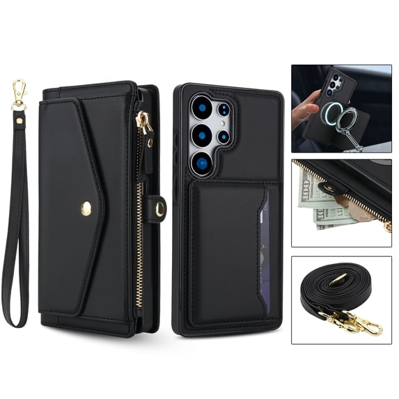 For Samsung Galaxy S25+ Crossbody Wallet Phone Case,Magnetic Detachable Flip,With Shoulder Strap&Wrist Strap,Zipper Pocket,Card&Cash Slots,PU Leather Shockproof Rugged Phone Case,Black
