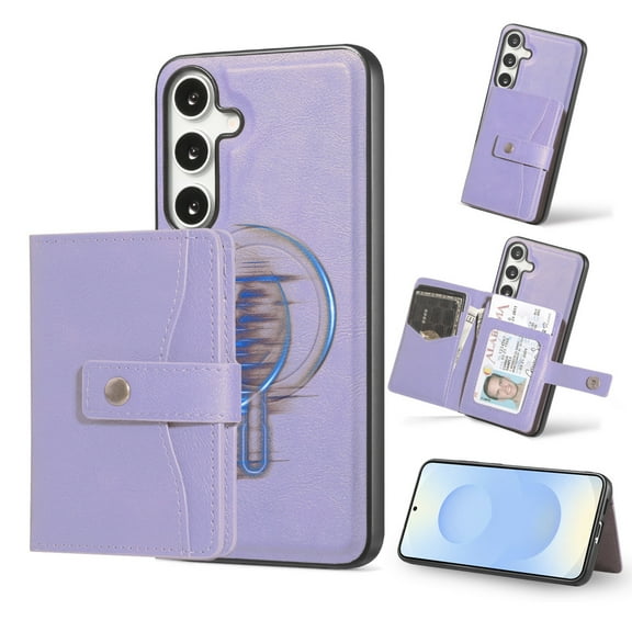 For Samsung Galaxy S25+ Detachable 2 in 1 Wallet Magnetic Phone Case with Card Holder,Compatible with MagSafe, RFID Blocking PU Leather Kickstand Shockproof Cover Women Men,Purple