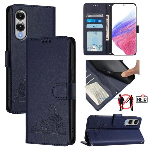 For Samsung Galaxy S25 Edge 5G 6.7" RFID Blocking Protective Purse Case Cat Embossed Strong Magnetic Attachment/Closure, Card Slots/Pocket, PU Leather Flip Wallet Case With Hanging Rope,Blue