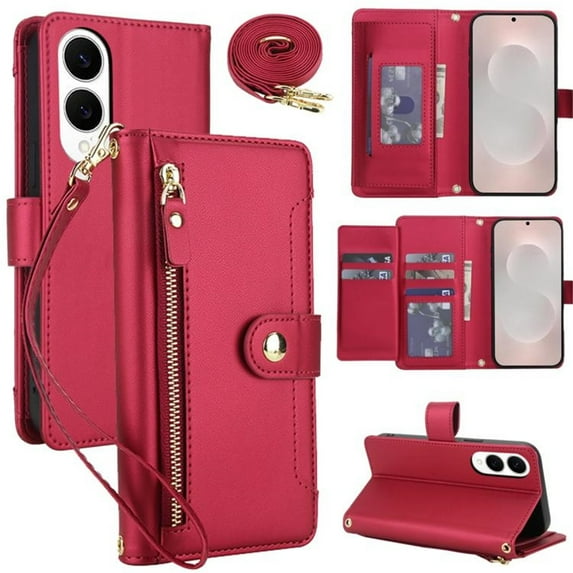 For Samsung Galaxy S25 Edge 5G 6.7-inch RFID Blocking Protective Purse Wallet Case For Women Men Multi-Card Slots Zipper Pocket Detachable Shoulder Strap And Wrist Strap,Shockproof Phone Case,Red