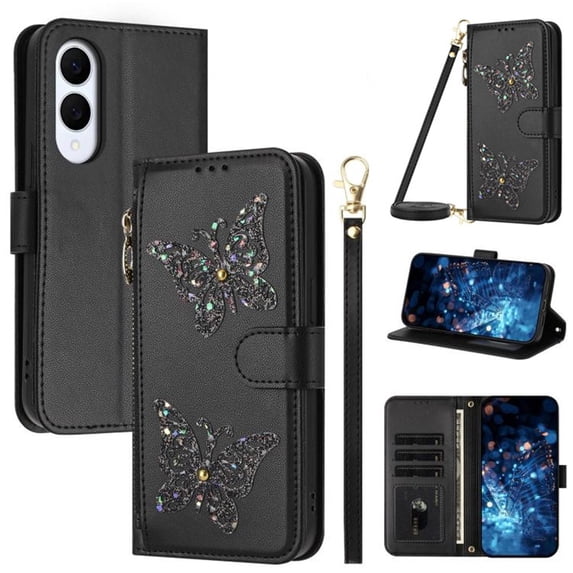 For Samsung Galaxy S25 Edge 5G 6.7-inch Wallet Case Glitter Butterfly Multi-Card Slots Zipper Wallet With Detachable Lanyard Shoulder Strap and Hand Strap Leather Phone Case,Black