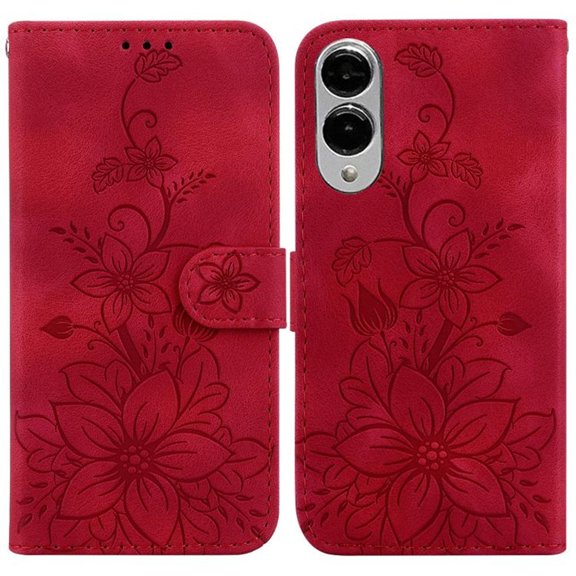 For Samsung Galaxy S25 Edge 5G 6.7" lily Embossed Strong Magnetic Attachment/Closure, Card Slots/Pocket, PU Leather Flip Wallet Case ﻿,Red,For Galaxy S25 Edge 5G