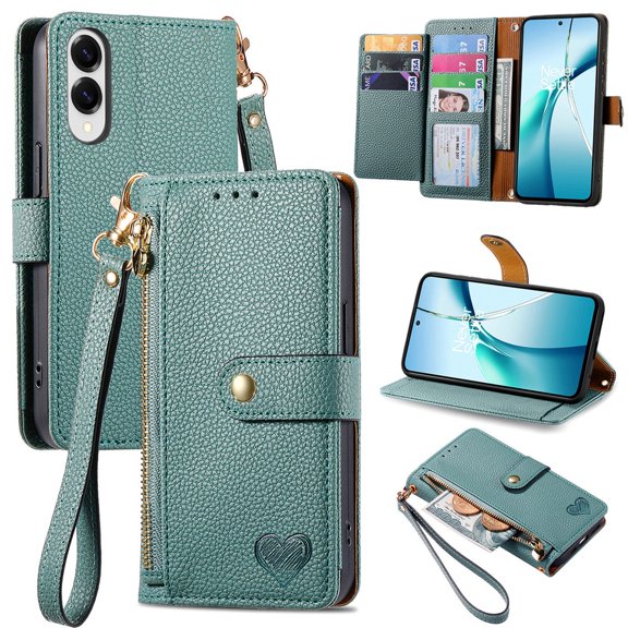 For Samsung Galaxy S25 Edge 5G Leather Phone Case Wallet Zipper Pocket Pouch Folio Flip Cover Kickstand, Multi Anti-theft Card Holder Cash Slot, Double Magnetic Buckle, Wrist Lanyard,Green