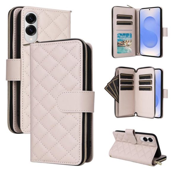 For Samsung Galaxy S25 Edge 5G Wallet Case Magnetic Flip Cover 9-Card Slots Zipper Pocket With Detachable Shoulder Strap And Wrist Strap,Beige,For Galaxy S25 Edge 5G