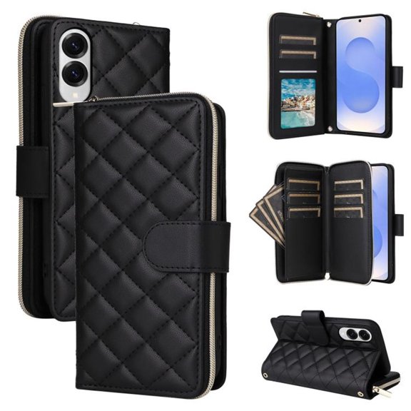 For Samsung Galaxy S25 Edge 5G Wallet Case Magnetic Flip Cover 9-Card Slots Zipper Pocket With Detachable Shoulder Strap And Wrist Strap,Black,For Galaxy S25 Edge 5G