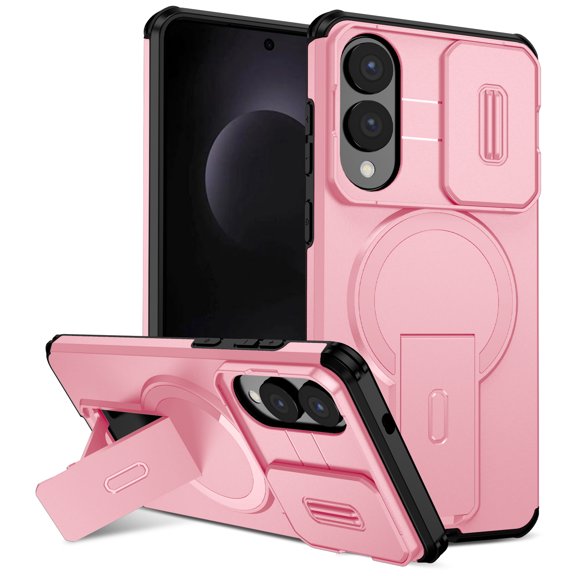 for Samsung Galaxy S25 Edge Case with Camera Sliding Cover & Adjustable Kickstand, Magnetic Wireless Charging Rugged Shockproof Bumper Cases Heavy-Duty Magnetic Protective Phone Cover, Pink