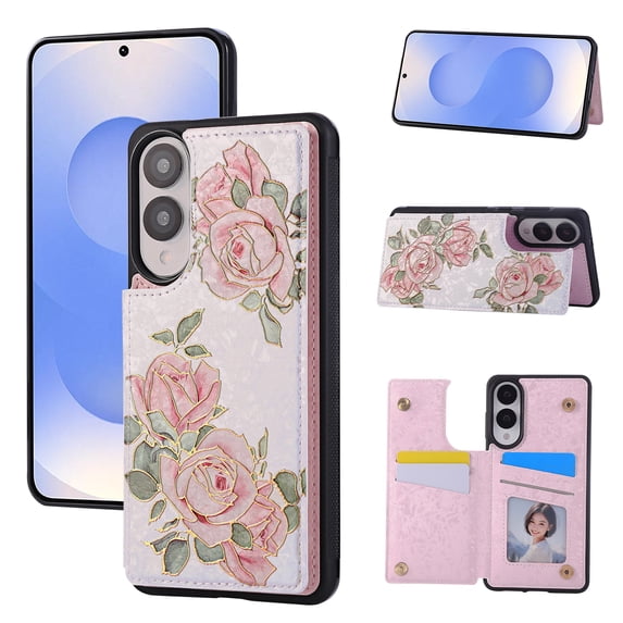 For Samsung Galaxy S25 Edge Case with Card Holder, Stylish Flower with Glitter Bling Rhinestone Stand Shockproof Slim Fit Bumper Wallet Case for Samsung Galaxy S25 Edge, Rose
