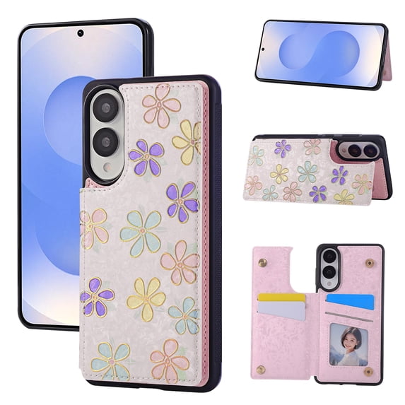 For Samsung Galaxy S25 Edge Case with Card Holder, Stylish Flower with Glitter Bling Rhinestone Stand Shockproof Slim Fit Bumper Wallet Case for Samsung Galaxy S25 Edge, Floret