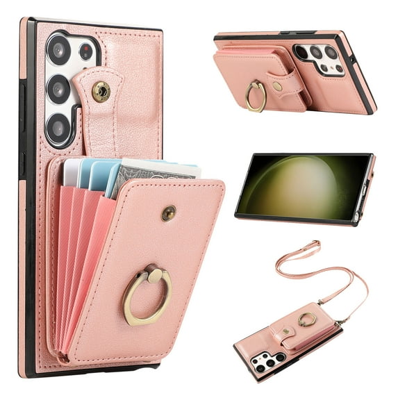for Samsung Galaxy S25 Edge Case, Elegant Minimalist Wallet Case with Ring Kickstand and Shoulder Strap, Shockproof Stylish Protective Durable PU Leather Cover for Samsung Galaxy S25 Edge, Rosegold