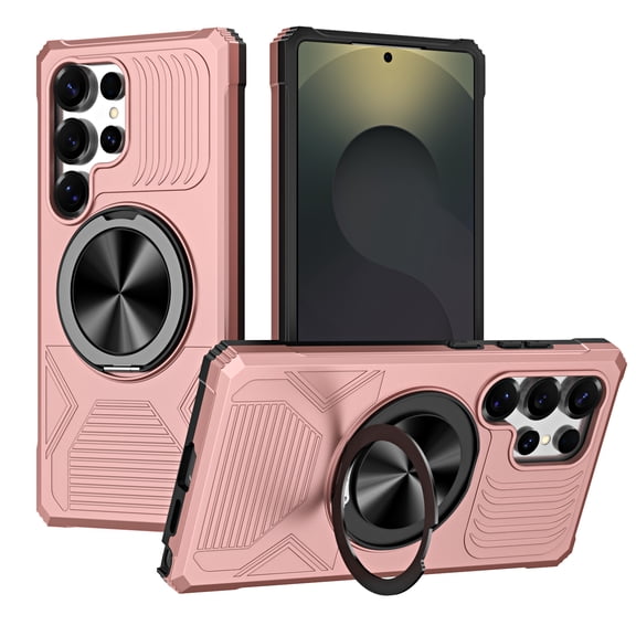 for Samsung Galaxy S25 Edge Case with Ring Stand Holder, Rugged Secure Grip, Military-Grade Drop Protection Phone Case with Kickstand, Heavy Duty Cover Support Magnetic Car Mount, Rosegold