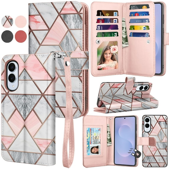 For Samsung Galaxy S25 Edge Case Wallet with Card Holder, Lanyard and Kickstand for Women Men, Ebizware Magnetic Flip Detachable PU Leather Wallet Phone Case Cover for Galaxy S25 Edge - Marble Pink