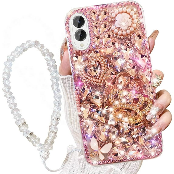 for Samsung Galaxy S25 Edge Case with Wrist Strap Lanyard, Women Girly 3D Bling Shiny Rhinestone Diamond Crystal Pearl Handmade Glitter Cute Cover Phone Case for Galaxy S25 Edge (Pink)