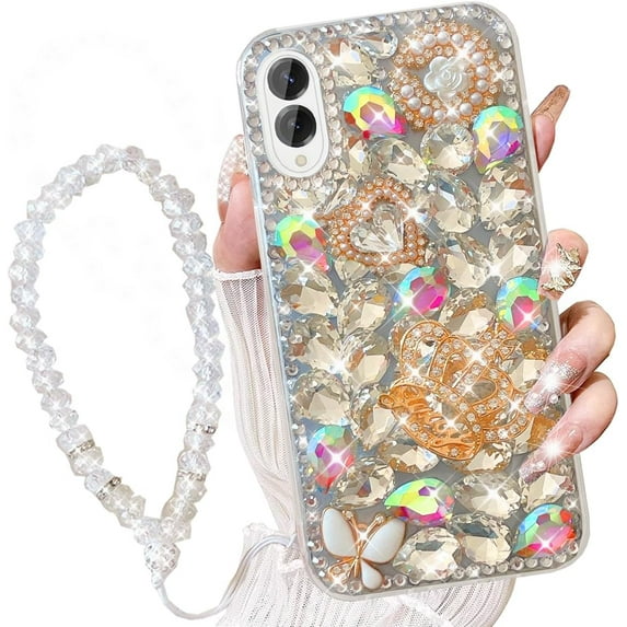 for Samsung Galaxy S25 Edge Case with Wrist Strap Lanyard, Women Girly 3D Bling Shiny Rhinestone Diamond Crystal Pearl Handmade Glitter Cute Cover Phone Case for Galaxy S25 Edge (Silver)