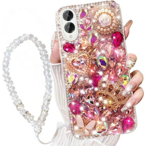 for Samsung Galaxy S25 Edge Case with Wrist Strap Lanyard, Women Girly 3D Bling Shiny Rhinestone Diamond Crystal Pearl Handmade Glitter Cute Cover Phone Case for Galaxy S25 Edge (Hot Pink)
