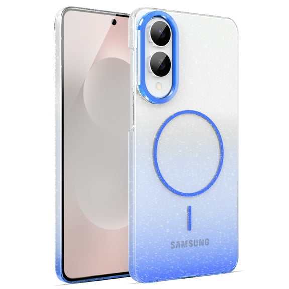 for Samsung Galaxy S25 Edge Clear Glitter Case with Gradient Color, Luxury Magnetic Back Compatible with MagSafe, Support Wireless Charging PC Protective Cover, Lightweight & Anti-Scratch, Blue
