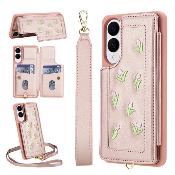 for Samsung Galaxy S25 Edge Floral Pattern Wallet Case, Magnetic Snap PU Leather Credit Card Holder Stand Wrist Shoulder Strap Flip Cover, for S25 Edge Protective Case for Girls Women, Rosegold