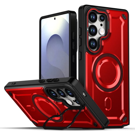 for Samsung Galaxy S25 Edge Hybrid Case with Camera Stash Stand, Military-Grade Shock-Absorbing Drop Protection, Compatible with MagSafe Accessories, Magnetic Rugged Cover, Red