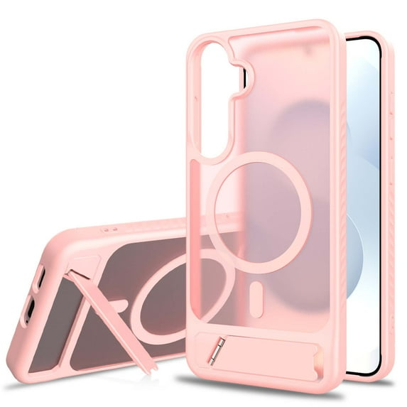 For Samsung Galaxy S25 Edge Magnetic Phone Case,Built-in Retractable Kickstand,Compatible with Mag-Safe,Military-Grade Drop Protection,Translucent Shockproof Rugged Thin Frosted Phone Case,Pink