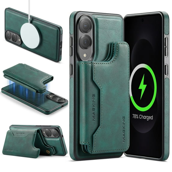 For Samsung Galaxy S25 Edge PU Leather Wallet Phone Case,Compatible with Mag-Safe,Magnetic Detachable Card Holder,Back Flip Kickstand,2-in-1 Heavy Duty Shockproof RFID Blocking Phone Case,Green