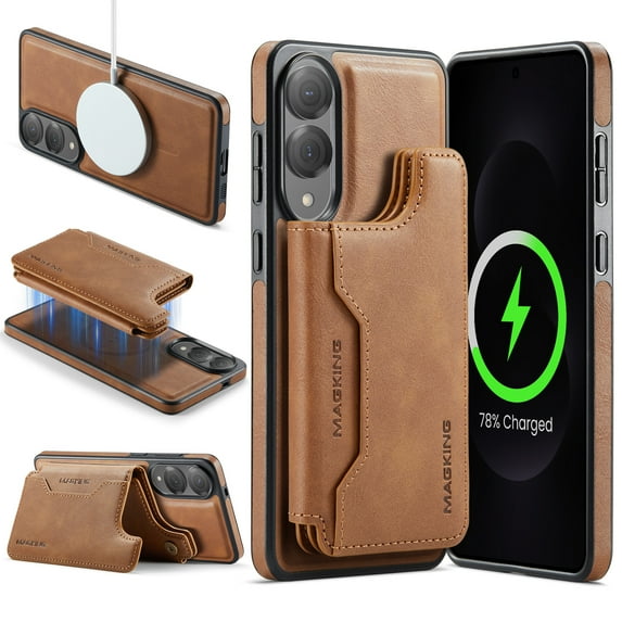 For Samsung Galaxy S25 Edge PU Leather Wallet Phone Case,Compatible with Mag-Safe,Magnetic Detachable Card Holder,Back Flip Kickstand,2-in-1 Heavy Duty Shockproof RFID Blocking Phone Case,Brown