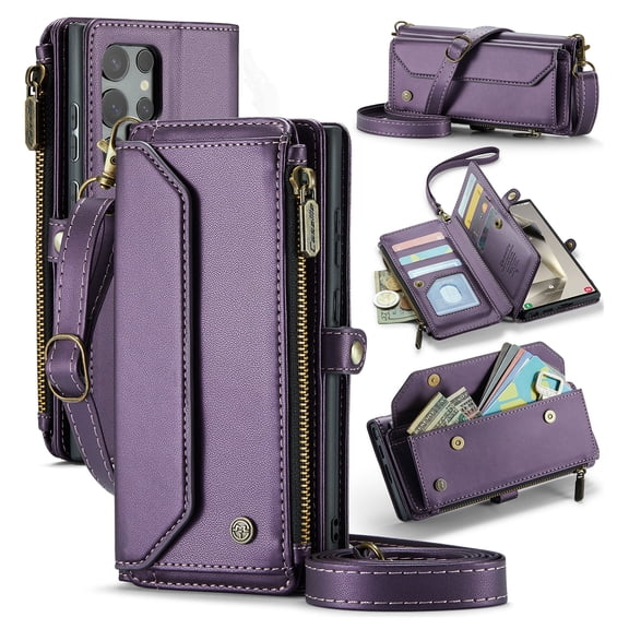 for Samsung Galaxy S25 Edge Rugged Case, Classic PU Leather Shoulder Strap Wrist Strap Zipper Pocket RFID Blocking Wireless Charging Kickstand Case Cover for Samsung Galaxy S25 Edge, Purple