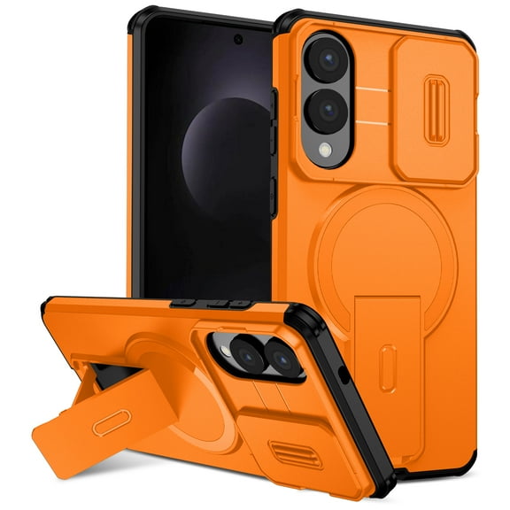 For Samsung Galaxy S25 Edge Rugged Phone Case,With Invisible Kickstand,Compatible with Mag-Safe,With Camera Lens Cover,Shockproof Anti-Scratch Drop Protection Durable Heavy Duty Phone Case,Orange
