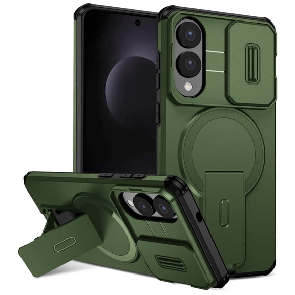For Samsung Galaxy S25 Edge Rugged Phone Case,With Invisible Kickstand,Compatible with Mag-Safe,With Camera Lens Cover,Shockproof Anti-Scratch Drop Protection Durable Heavy Duty Phone Case,Green