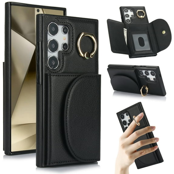 for Samsung Galaxy S25 Edge Wallet Case with Card Holder Women Men, Flip PU Leather Kickstand Shockproof Protective Phone Cover Magnetic Clasp 360 Rotation Ring Stand for Samsung S25 Edge, Black