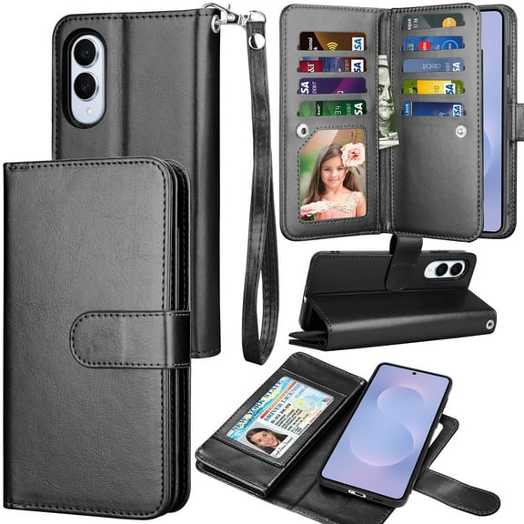 For Samsung Galaxy S25 Edge Wallet Case with Credit Card Holder for Women Men, Flip PU Leather Wallet Phone Case for Galaxy S25 Edge, Tekcoo Detachable Magnetic Kickstand Cover with Strap, Black
