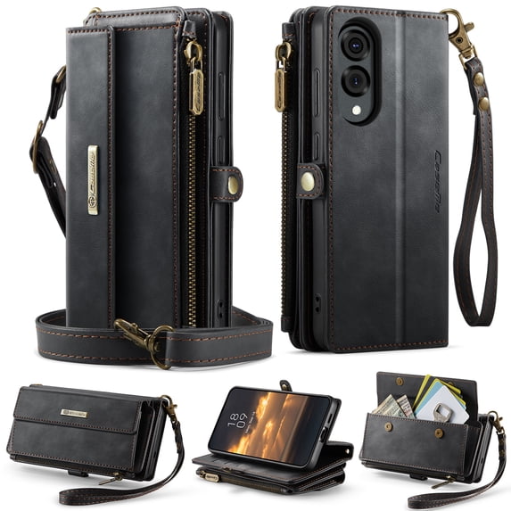 for Samsung Galaxy S25 Edge Wallet Case with RFID Blocking, Zipper Pocket Kickstand Magnetic Clasp, PU Leather Heavy Duty Cover with Shoulder and Wrist Strap – Rugged Full-Body Protection, Black