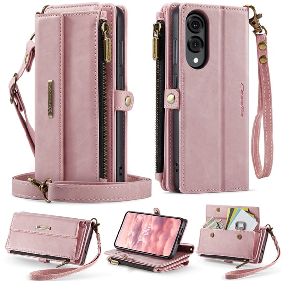 for Samsung Galaxy S25 Edge Wallet Case with RFID Blocking, Zipper Pocket Kickstand Magnetic Clasp, PU Leather Heavy Duty Cover with Shoulder and Wrist Strap – Rugged Full-Body Protection, Pink