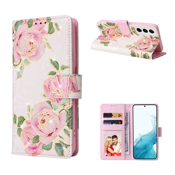 For Samsung Galaxy S25 Edge Wallet Case, Stylish Flowers Pattern PU Leather Cover with Wrist Strap & Card Slots, Kickstand Magnetic Closure Shockproof Slim Case for Women Girls, Rose Flower