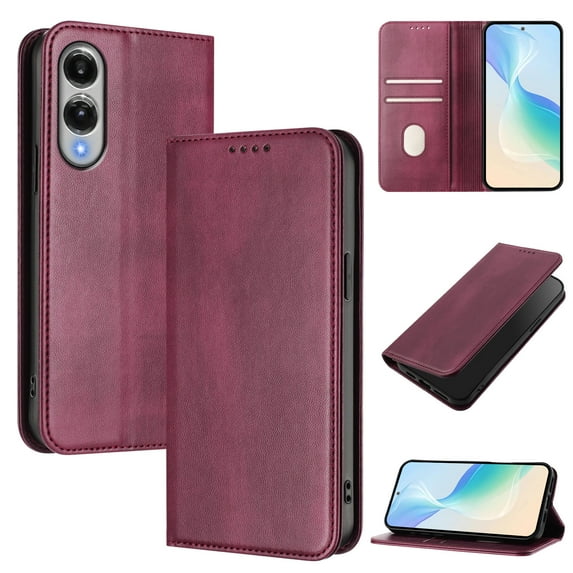 For Samsung Galaxy S25 Edge Wallet Phone Case,Retro PU Leather Magnetic Folio Cover with RFID Blocking Card Holder,Flip Folding Kickstand,Anti-fall Shockproof Durable Protective Phone Case,Winered