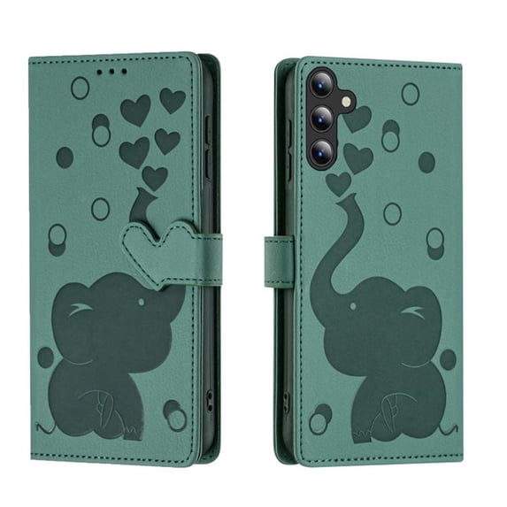 For Samsung Galaxy S25 FE 5G 6.7" Cartoon Elephant Embossed Strong Magnetic Attachment/Closure, Card Slots/Pocket, With Hand Strap,PU Leather Flip Wallet Case ,Green,For Galaxy S25 FE 5G