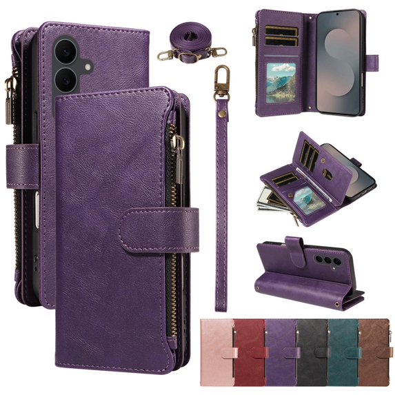 For Samsung Galaxy S25 FE 5G Wallet Case, 9 Card Slots RFID Blocking Crossbody Leather Cover, Zipper Pocket, Detachable Wrist & Shoulder Strap, Magnetic Shockproof Protective Phone Case for Women