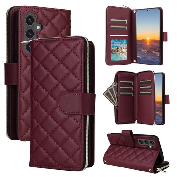 For Samsung Galaxy S25 FE 5G Wallet Case Magnetic Flip Cover 9-Card Slots Zipper Pocket With Detachable Shoulder Strap And Wrist Strap,Wine red,For Galaxy S25 FE 5G