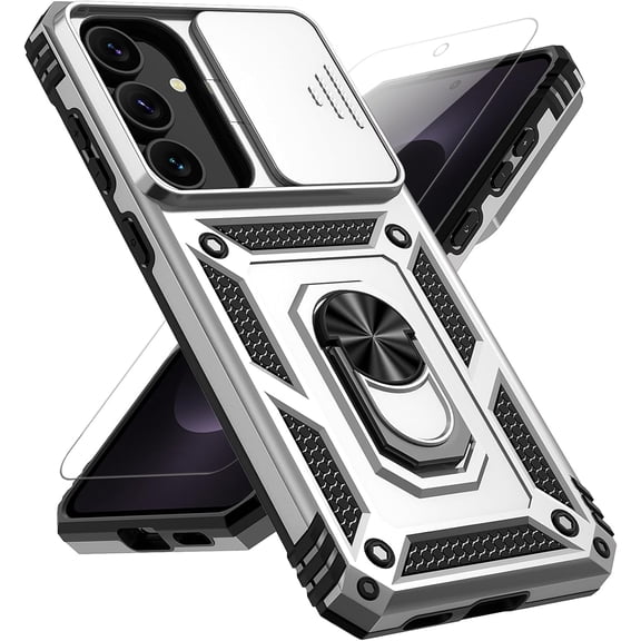 for Samsung Galaxy S25 FE Case, with Slide Camera Cover HD Screen Protector [Military Grade 16ft. Drop Tested] Magnetic Ring Holder Kickstand Protective Phone Case for Galaxy S25 FE 5G 2025, Silver