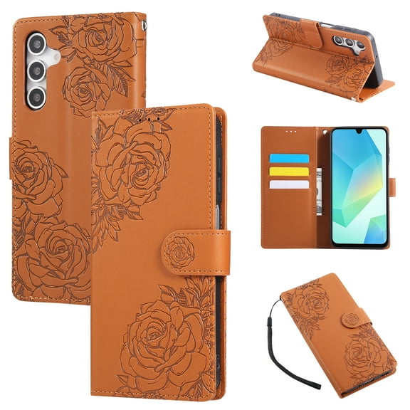 for Samsung Galaxy S25 FE Case Wallet with Floral Embossed Design, Premium PU Leather + TPU, Card Slots Kickstand Magnetic Clasp Wrist Strap Shockproof Full Body Cover for S25 FE, Brown