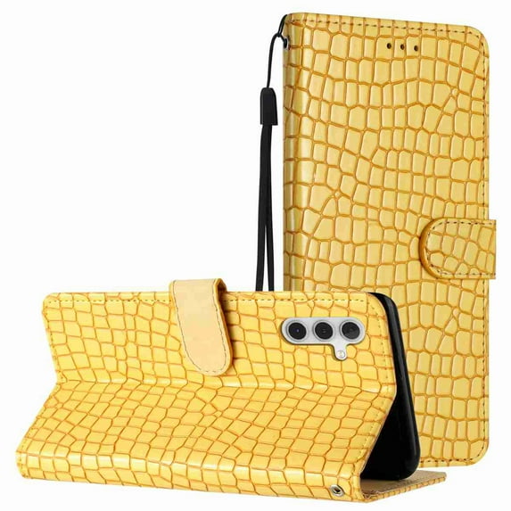 for Samsung Galaxy S25 FE Crocodile Texture Faux Leather Wallet Case, with Credit Card Slots Kickstand Magnetic Calsp Wrist Strap Protection Shockproof Slim Folio Flip Phone Cover, Yellow