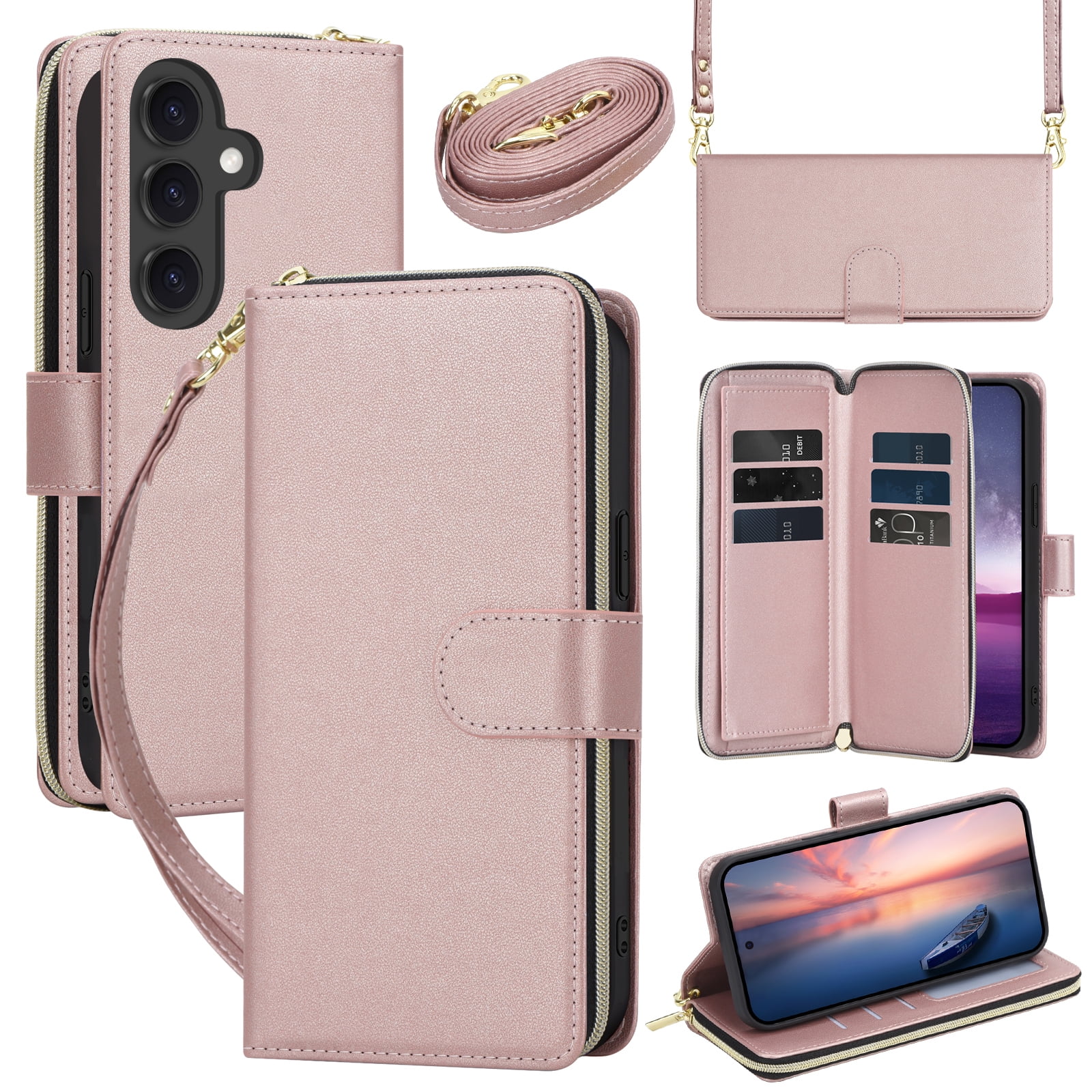 for Samsung Galaxy S25 FE Crossbody Wallet Case with 9 Card Holders, Cash Slot, Photo Slot, Zipper Pocket PU Leather Magnetic Snap Wallet Phone Case with Flip Stand & Wrist Strap & Lanyard, Rosegold