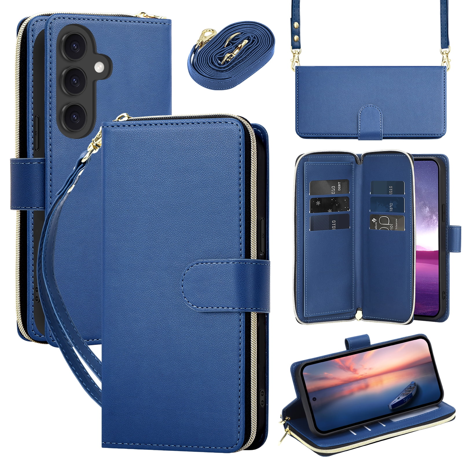 for Samsung Galaxy S25 FE Crossbody Wallet Case with 9 Card Holders, Cash Slot, Photo Slot, Zipper Pocket PU Leather Magnetic Snap Wallet Phone Case with Flip Stand & Wrist Strap & Lanyard, Blue