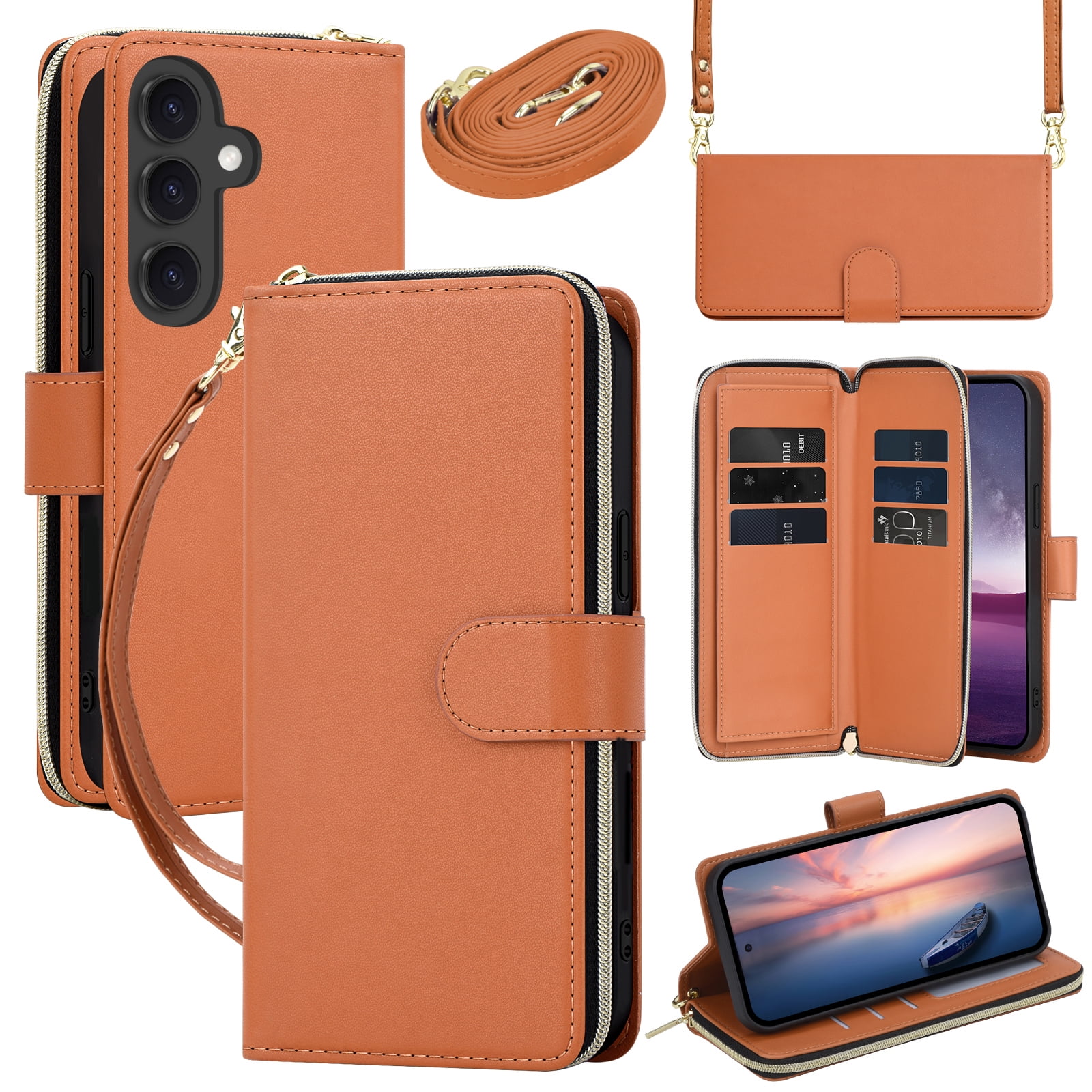 for Samsung Galaxy S25 FE Crossbody Wallet Case with 9 Card Holders, Cash Slot, Photo Slot, Zipper Pocket PU Leather Magnetic Snap Wallet Phone Case with Flip Stand & Wrist Strap & Lanyard, Brown