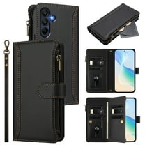 for Samsung Galaxy S25 FE Flip Wallet Case, PU Leather Protective Rugged Cover with Credit Card Slots Zipper Pocket, Shock-Absorbent Kickstand Magnetic Closure Lanyard & Shoulder Strap, Black