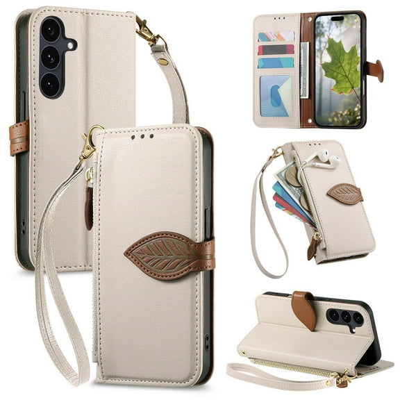 For Samsung Galaxy S25 FE Flip Wallet Phone Case,With Shoulder Strap&Wrist Strap,Flip Fold Kickstand,With Card Slots,Zipper Pocket,Leaf Magnetic Closure,Shockproof Anti-fall Phone Case,White