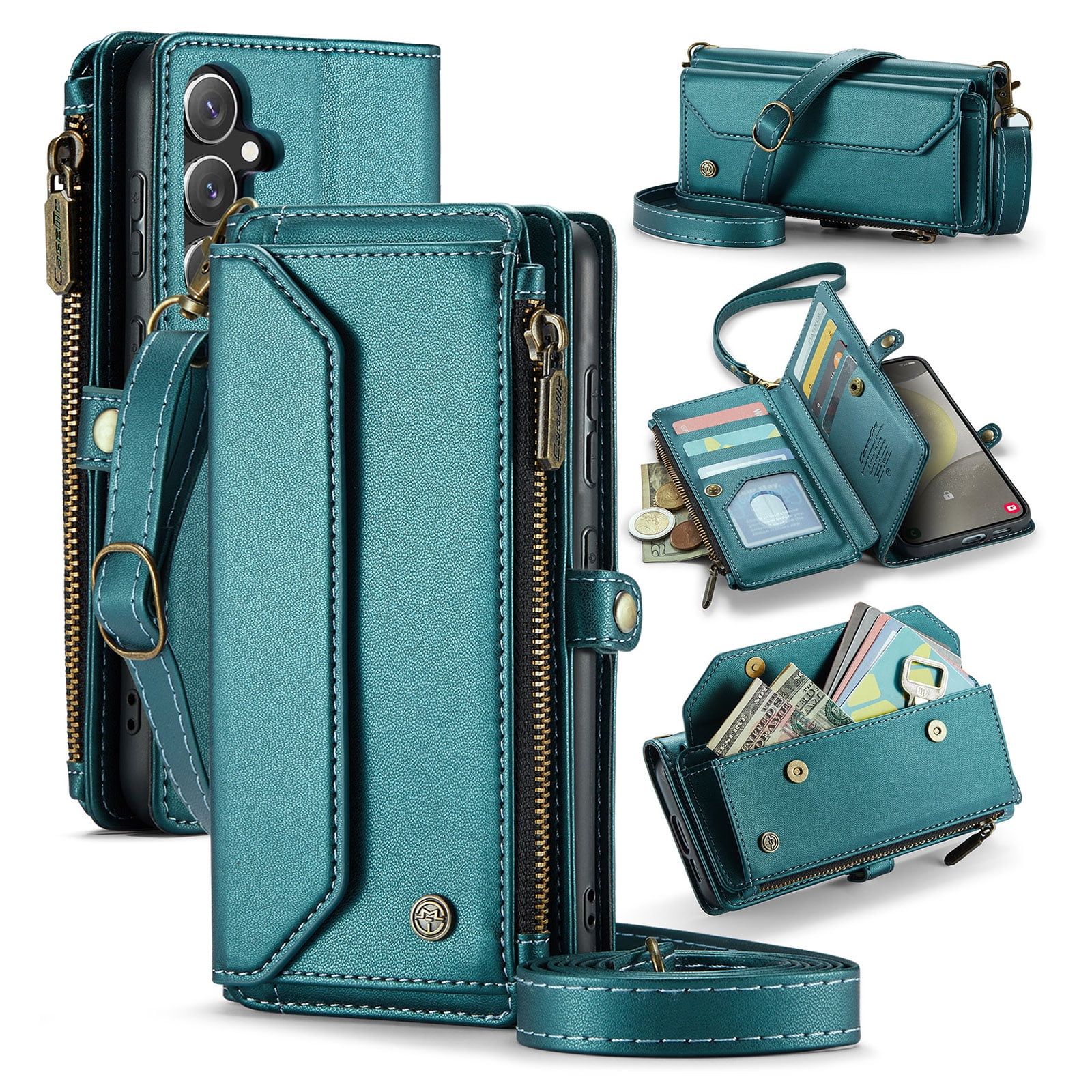 for Samsung Galaxy S25 FE Full Body Protection Wallet Folio Flip Case, Shoulder Strap & Wristlet Card Slots Zipper Pocket RFID Blocking Rugged Durable PU Leather Phone Case Cover, Green