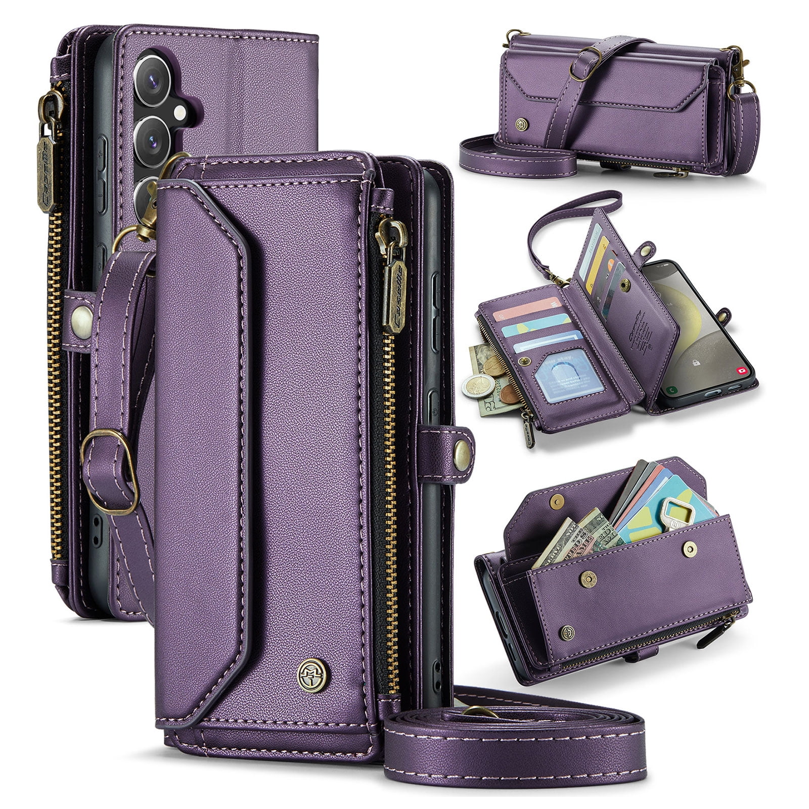for Samsung Galaxy S25 FE Full Body Protection Wallet Folio Flip Case, Shoulder Strap & Wristlet Card Slots Zipper Pocket RFID Blocking Rugged Durable PU Leather Phone Case Cover, Purple