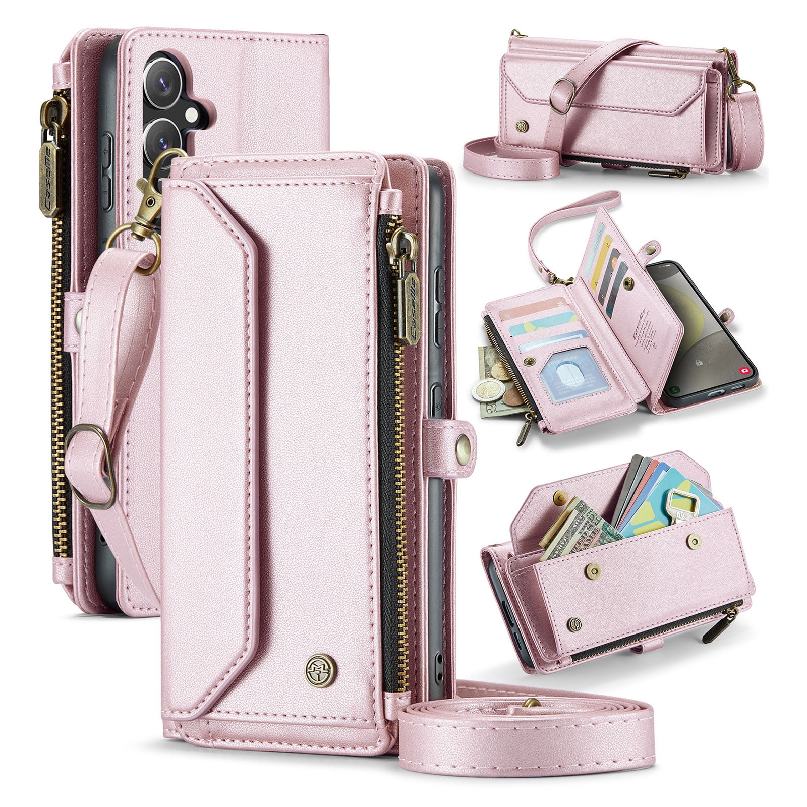 for Samsung Galaxy S25 FE Full Body Protection Wallet Folio Flip Case, Shoulder Strap & Wristlet Card Slots Zipper Pocket RFID Blocking Rugged Durable PU Leather Phone Case Cover, Pink